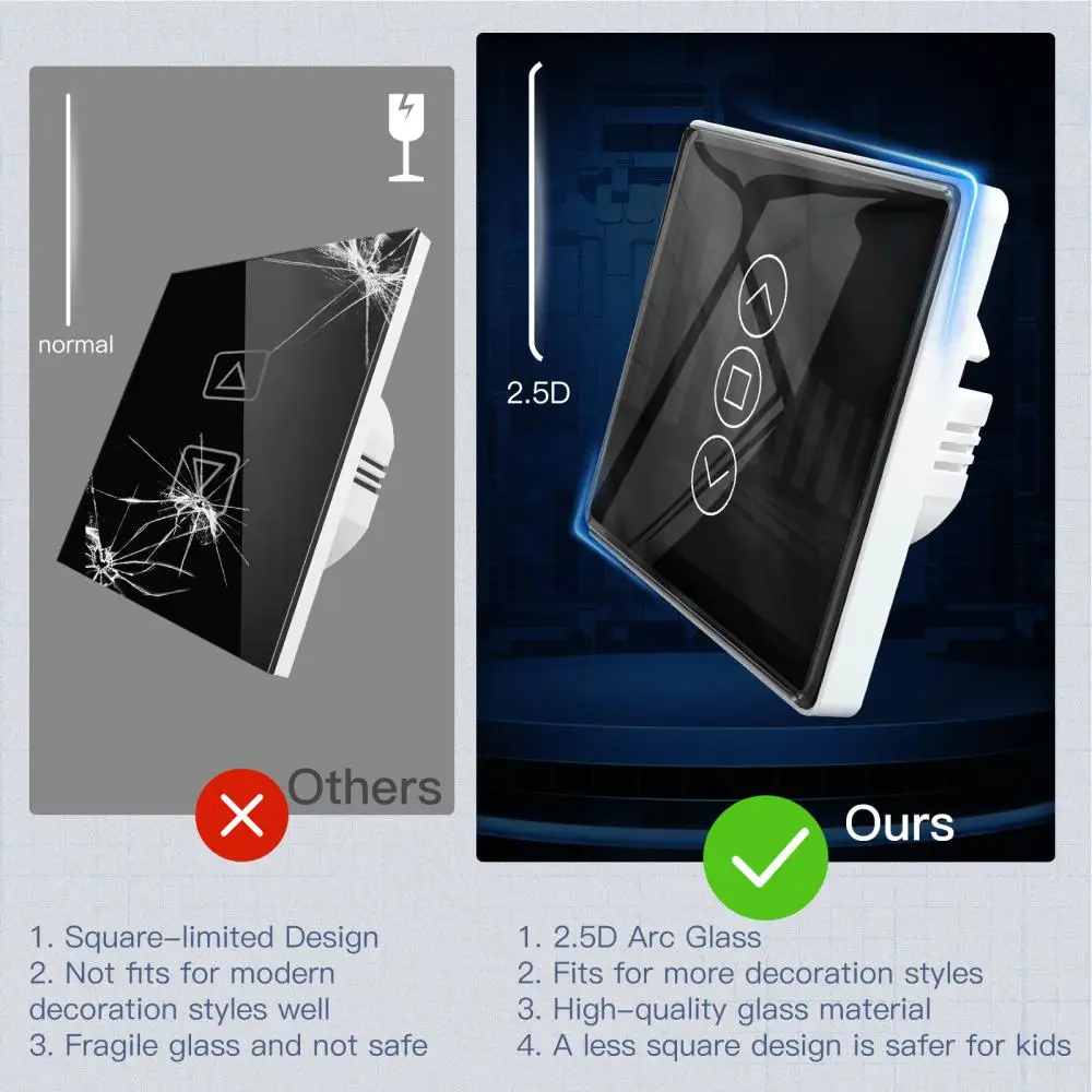 WiFi RF433 Smart 2.5D Arc Glass Touch Panel Switch For Roller Blinds Shutters With Backlight Switch By Alexa Home