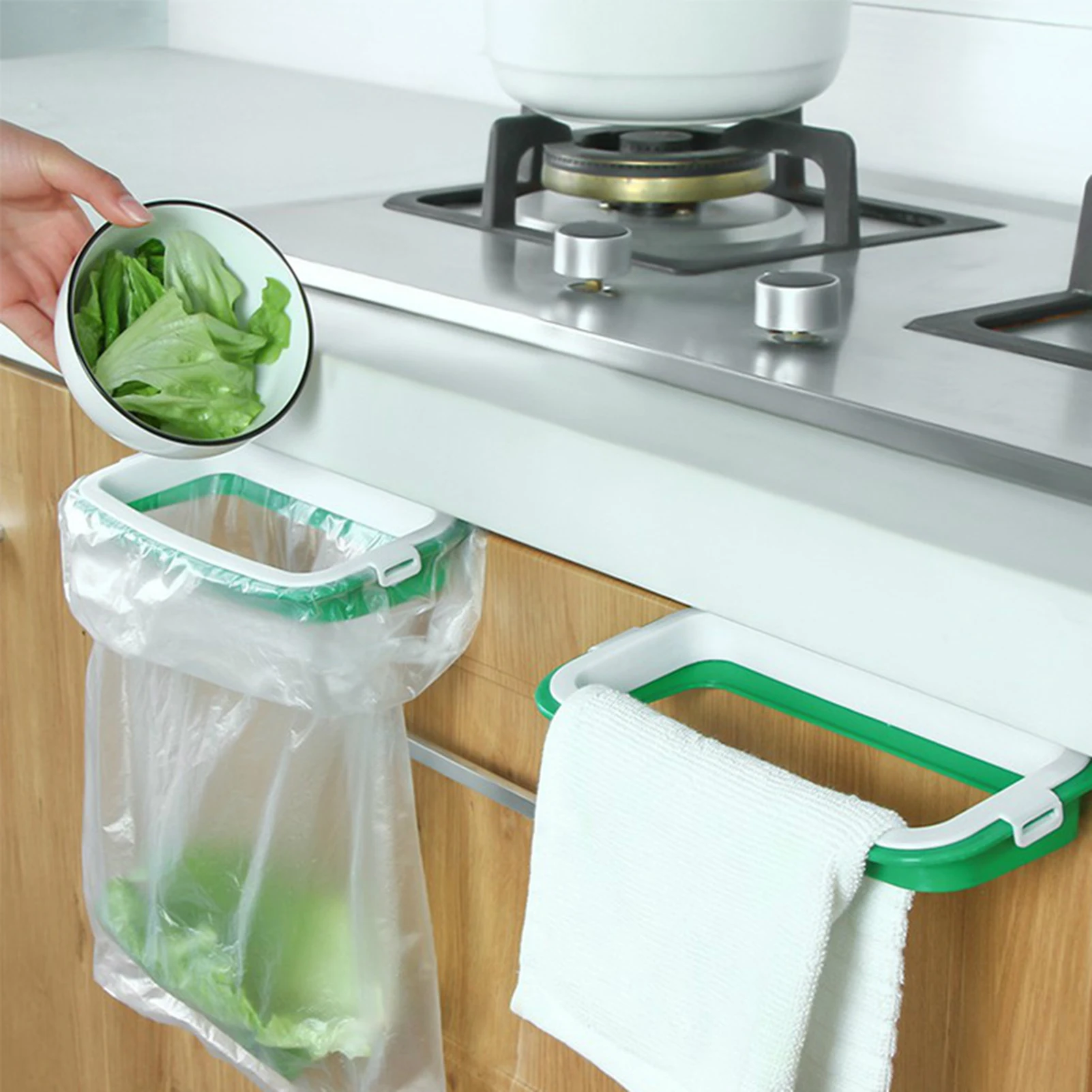 

Green Stylish Hanging Garbage Bag Rack with Cover Portable Kitchen Cabinet Rubbish Bag Plastic Rack Support Holder Kitchen Tool