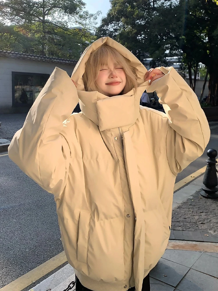 

Korean Sle PU Leather Thiened Winter Jaet Youth Faionable Cotton Coat Men Women Hooded Warm Stand Collar Couple Clothes