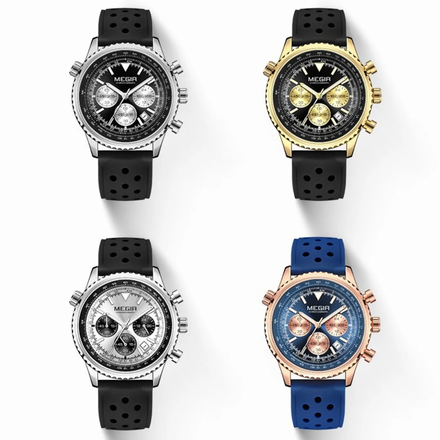 Reloj MEGIR de cuarzo plateado y negro para hombre, reloj de pulsera deportivo militar con cronógrafo, correa de silicona, manecillas luminosas, fecha automática 2236