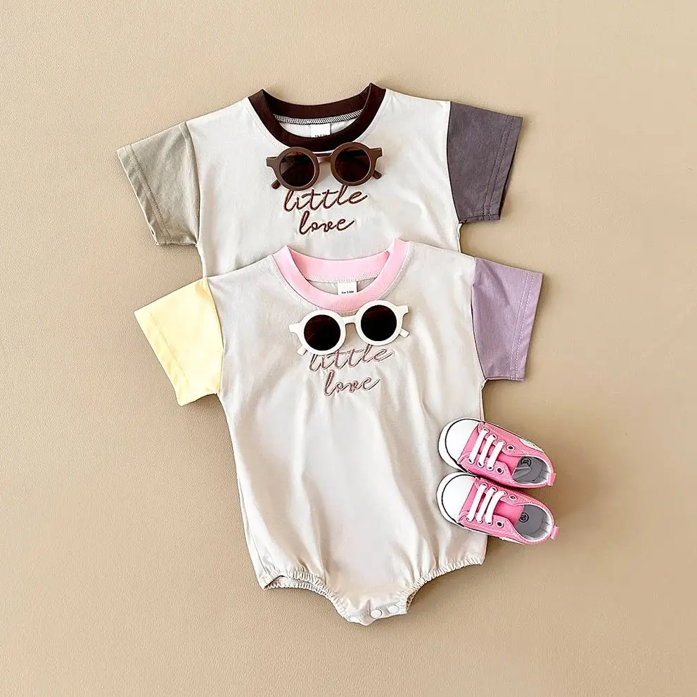 Newborn Baby Girl Romper Casual Letter Embroidery Button Jumpsuit Short Sleeve Infant Clothes Summer Baby Boys Clothes Bodysuit