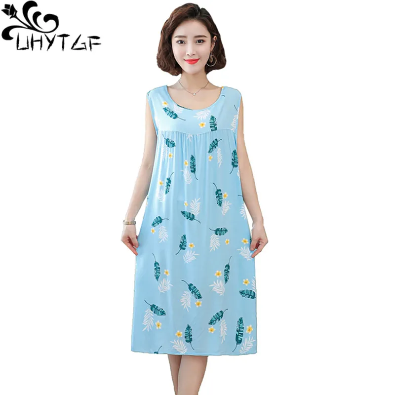 UHYTGF WomenSummer Nightdress Sleeveless Pullover Printed Cotton Silk Dress Female Middle-Aged Elderly Home Clothes Pajamas 2391