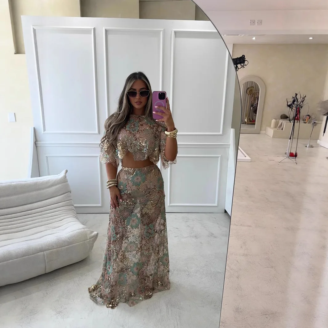 Flower Sequin Embroidery Skirt Two Piece Set Women Fashion Sexy Irregular Cropped Top See Through Skirts 2 Piece Sets Streetwear image 4
