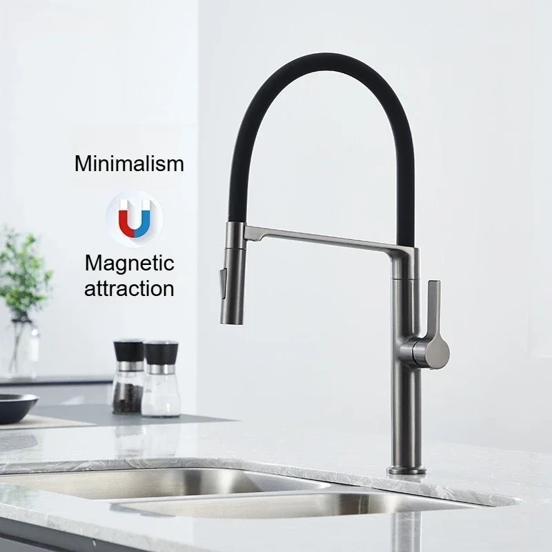 All-Copper Kitchen Faucet with Vegetable Washing Basin Splash Guard Pull-Out Magnetic Suction for Hot/Cold Dishwashing Sink