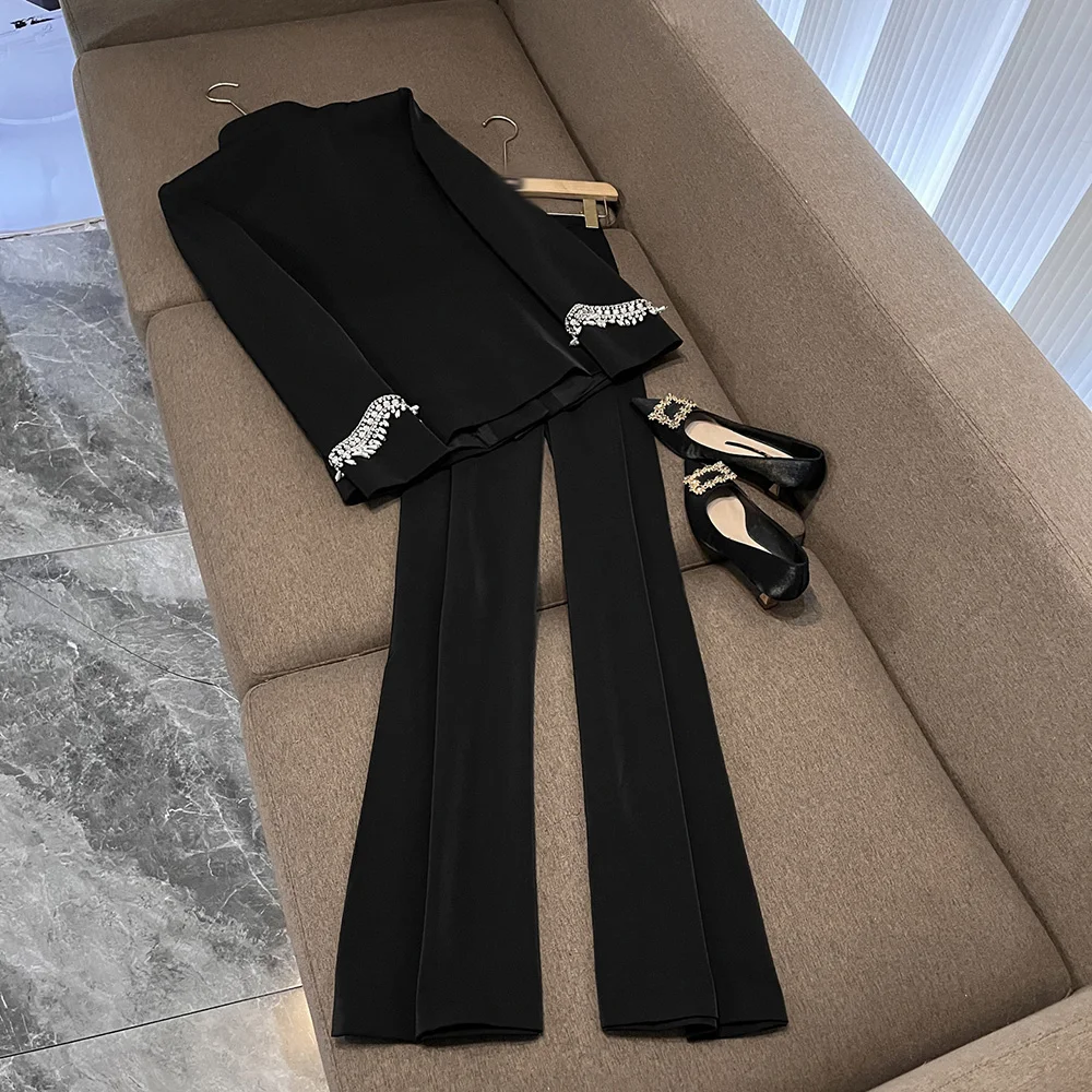 TWOTWINSTYLE Vintage Elegant Two Piece Sets For Women Stand Collar Long Sleeve Top High Waist Pants Autumn Set Female KSE548187