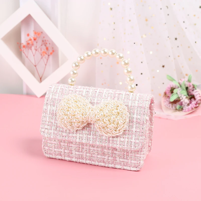 Mini bolsa de linho para meninas, Crossbody Bags para crianças, Bowknot Coin Pouch, Pearl Handle Tote, Party Hand Bags, Cute Kids Gift