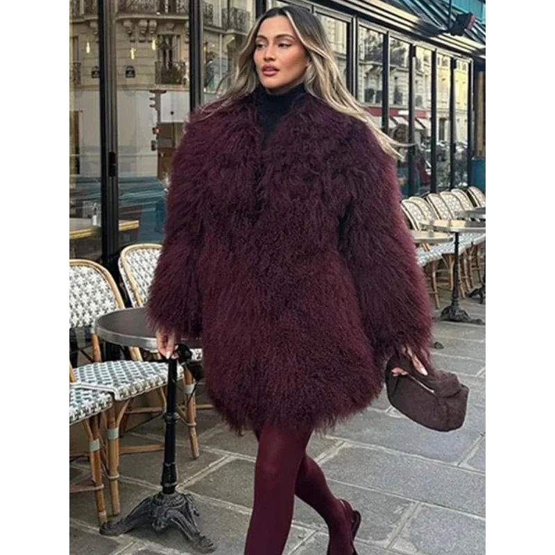 2024 Winter New Burgundy Fluffy Fur Coat Women Oversize Long Sleeve Faux Fur Plush Jackets Female Commute Street Outwear