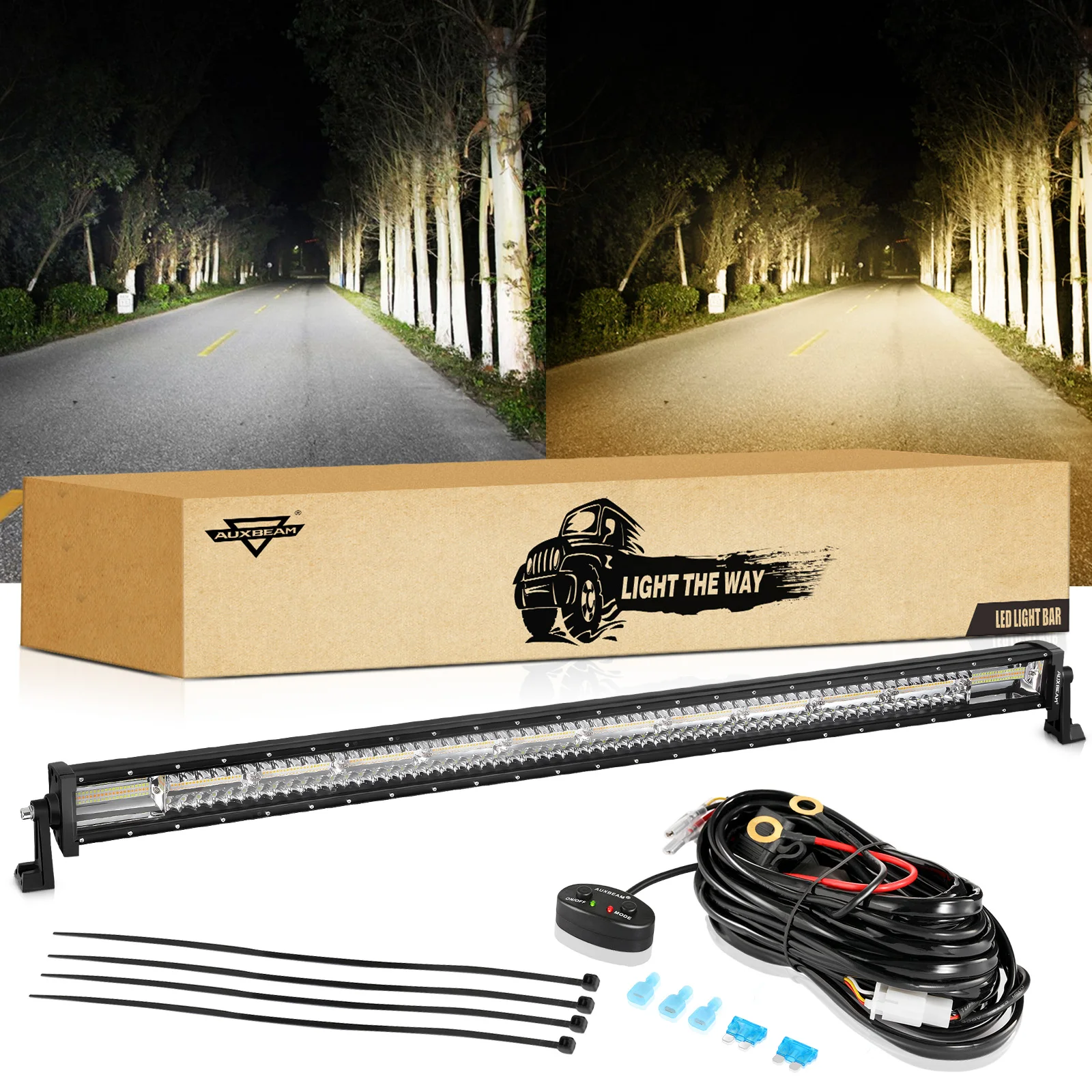 Barra de Luz LED AUXBEAM Recta/Curva de 50 Pulgadas, Blanca y Ámbar, con Función de Memoria, para Trabajo, Todoterreno, Niebla y Conducción