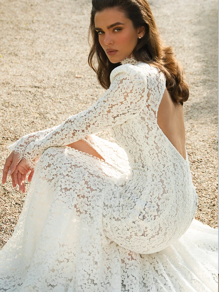 فساتين زفاف حورية البحر من الدانتيل بأكمام طويلة، سحاب خلفي مفتوح مع أزرار، فساتين زفاف أنيقة DW1088