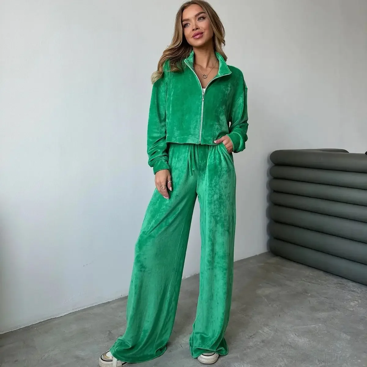 Elastic Waist Wide Leg Trousers Velvet Casual Y2K Autumn Outwear Trosuers Long Sleeve Zipper Coat Women Two-Piece Suit