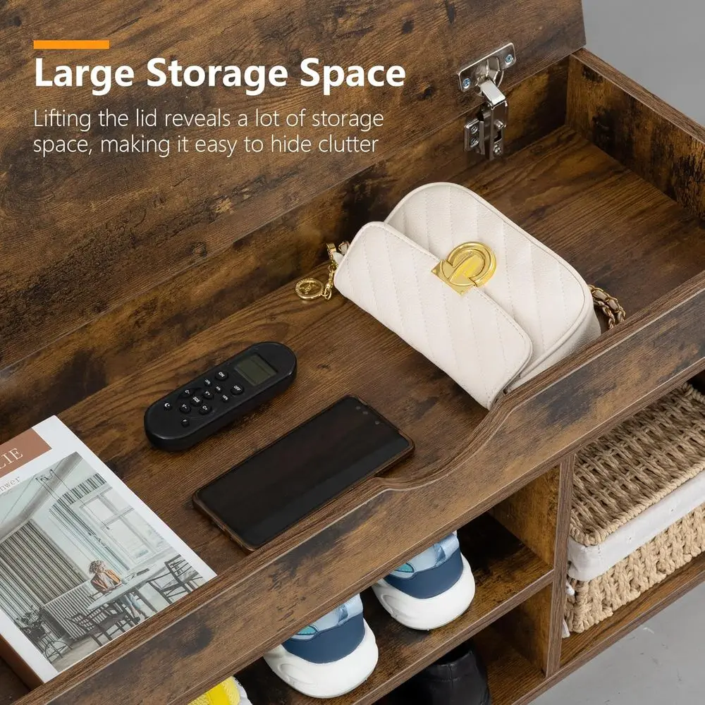 ブラウン＆グレーのパッド入り玄関靴収納ベンチ（ラック付き）