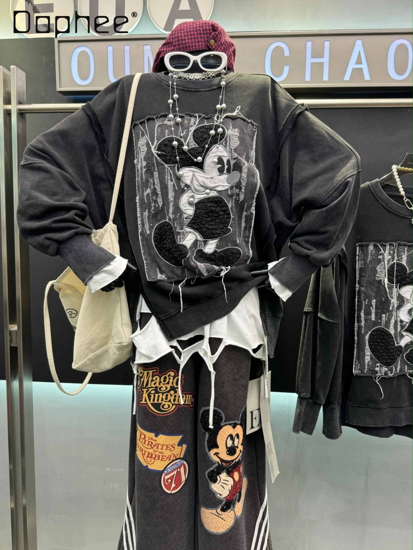 2025 Autumn New American Retro Patchwork Cartoon Black Sweatshirt for Women Loose Design Retro Sports Jacket Zip Up Hoodie