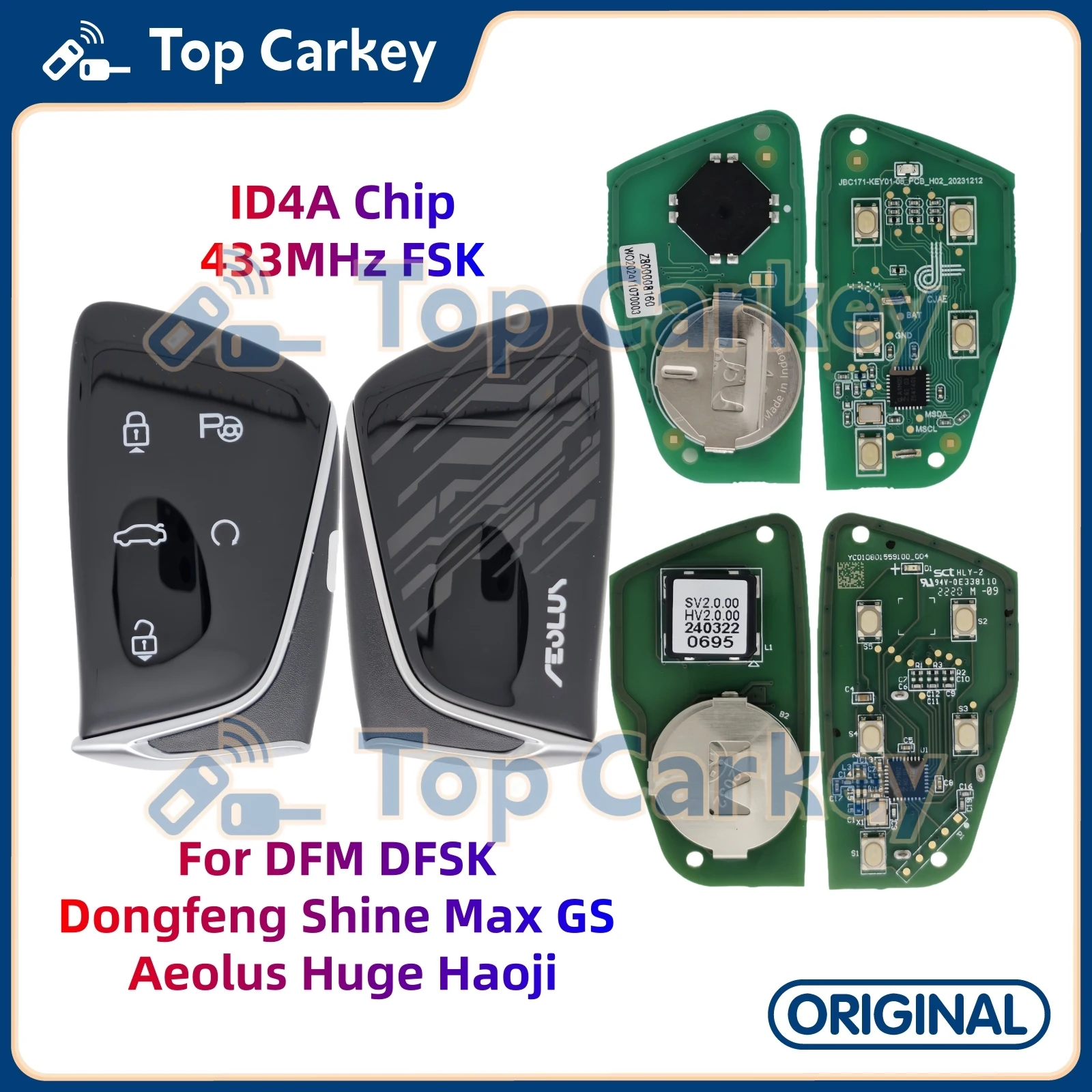

TopCarkey Original Smart Remote Key ID4A Chip 433MHz for DFM DFSK Dongfeng Shine Max GS Aeolus Huge Haoji