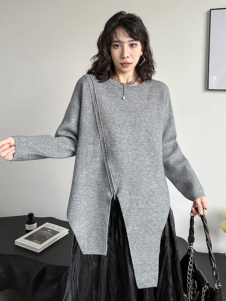 

Loose Women's Knitwear round Neck Pure Color Slit Fashionable Individualized Spring Autumn New Style Hong Kong Style Top