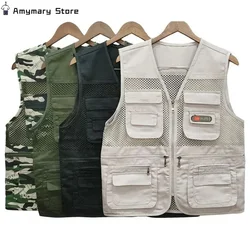 Summer Thin Men's Vest Coat Solid Color Mesh Breathable Multi-pocket Waistcoat Travel Camping Fishing Photography Work Vest Top