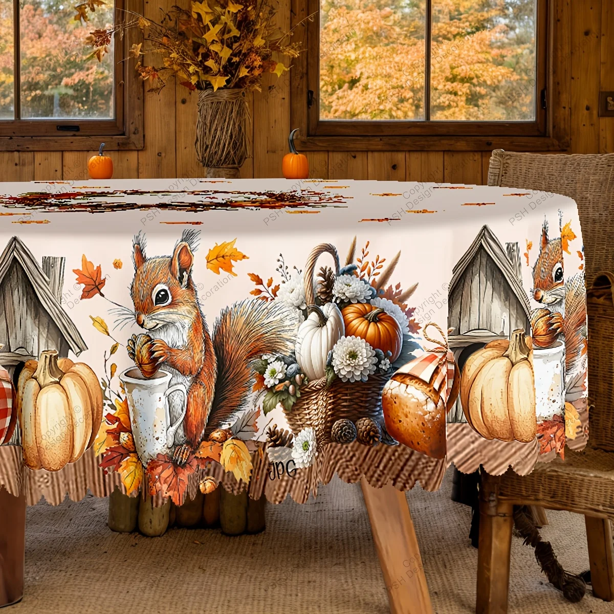 One polyester tablecloth, autumn Thanksgiving theme tablecloth, buffalo check pattern with squirrels, acorns, pumpkin flowerszyc