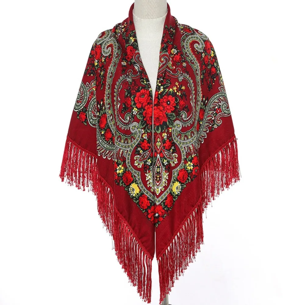 Fashion Polyester Ethnic Style Shawl Tassel Trim Square Shape Tassel Shawls Floral Print Russian Square Scarf Sunscreen Use