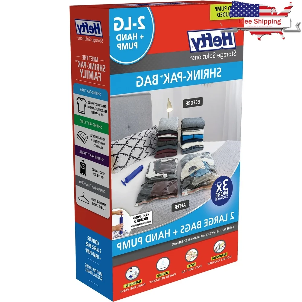 

Large Vacuum Compression Bags with Hand Pump Closet Organizer Portable Reusable Water Resistant Dual Closure Adults and Tweens