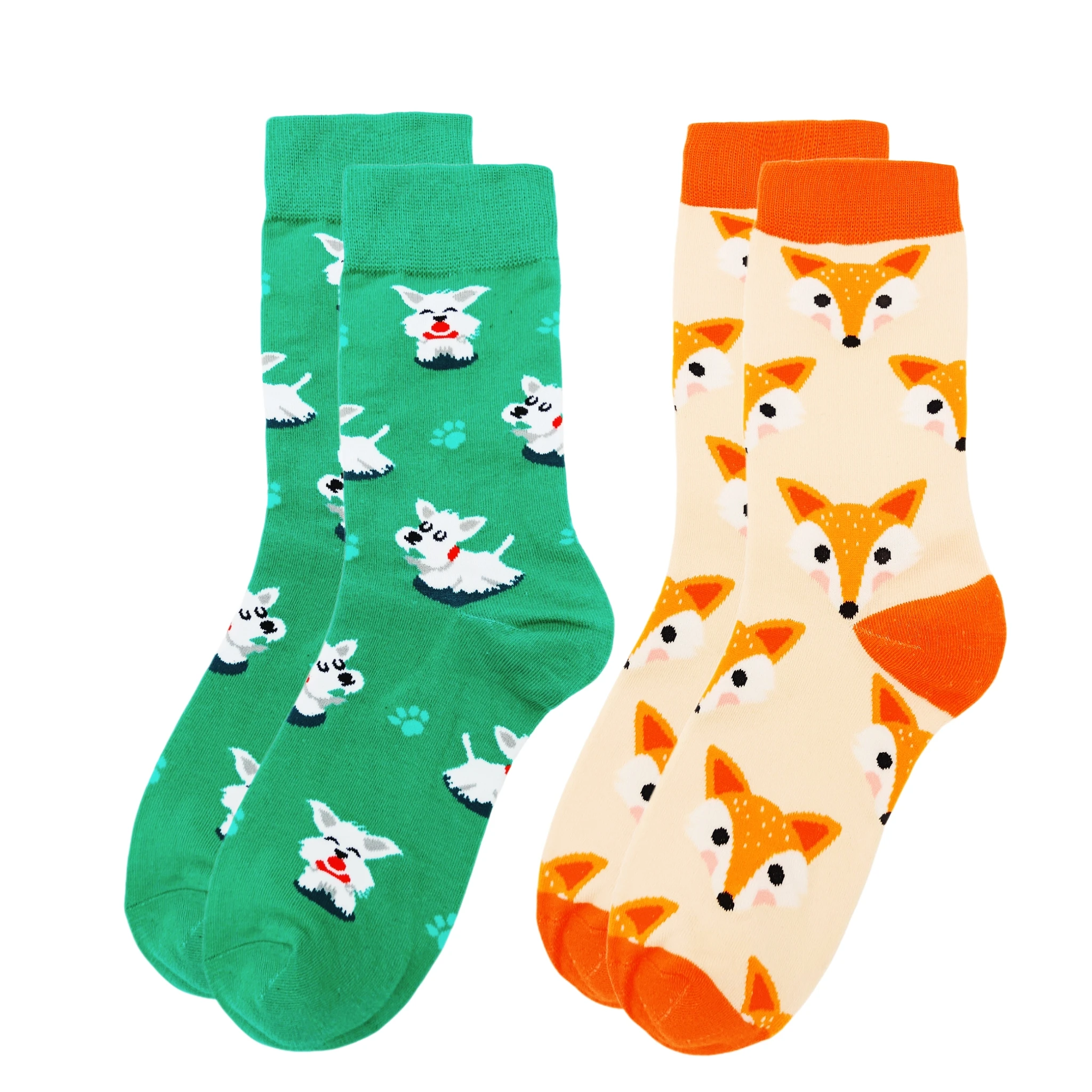 2 pairs of puppy and fox animal series fashionable and colorful autumn and winter mid-calf socks for women