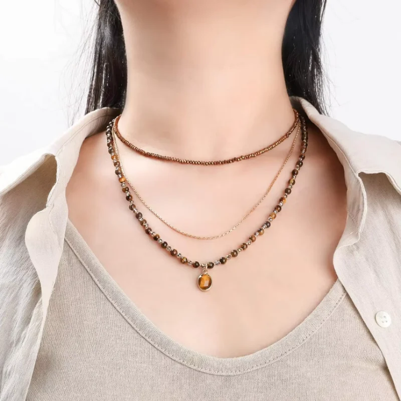 Trendy Tiger Eye Stone Faceted Hematite Beaded Necklace Handmade Gold Luxury Charm Jewelry Women Girls Party Anniversary Gift