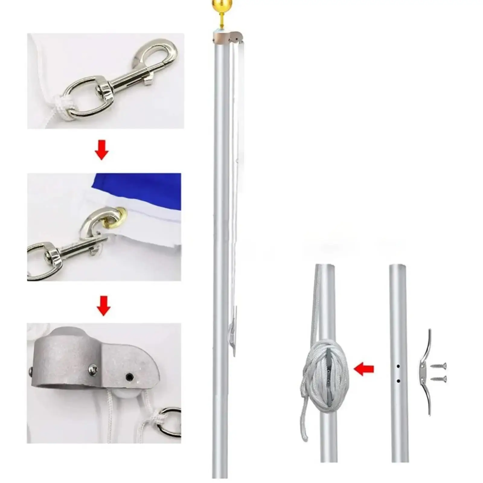 Flagpole Repair Parts Kit 3 Inch Gold Ball Topper Nylon Pulley Rope Set for Outdoor Custom Flag