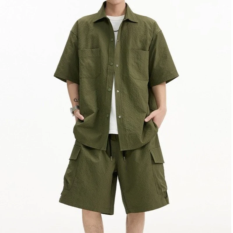 Лето 2025 г., свободная мужская одежда для повседневного отдыха, рубашки-карго с короткими рукавами и лацканами и шорты-карго, мужские костюмы из двух предметов, винтажные комплекты