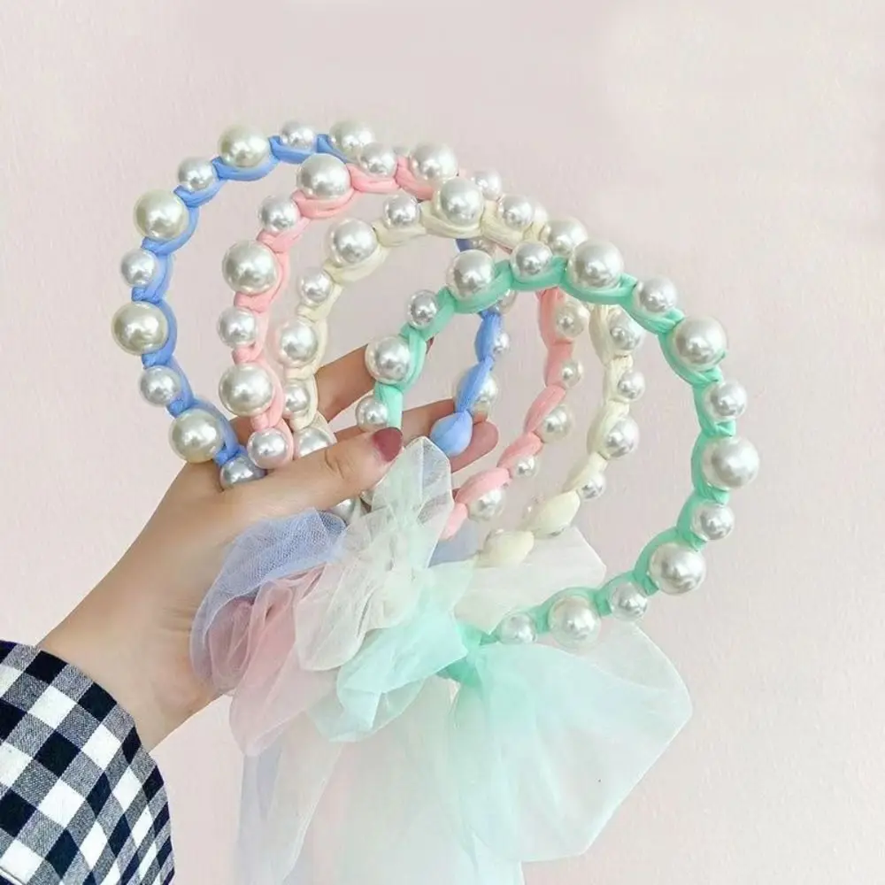 Cute Korean Style Pearl Ribbon Hairband Head Wear 3D Princess Hair Hoop Hair Clip Hair Wear Children Wreath Headband Girls