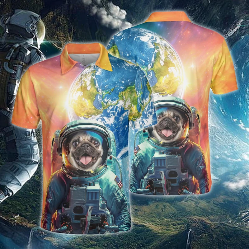 Funny Husky Astronaut Graphic Polo Shirts For Men Clothes Earth Beagle Short Sleeve Harajuku Fashion Design POLO Shirt Y2K Tops