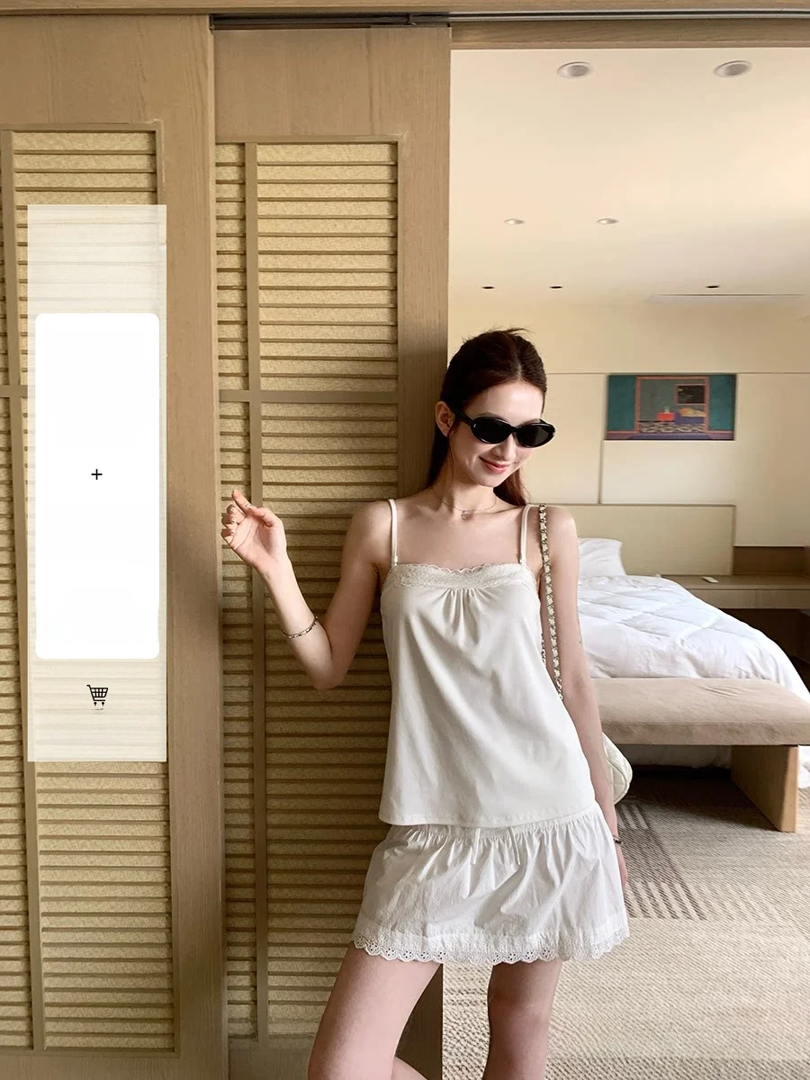 High Waist Lace Trim Splice Half Skirt Women's Summer Slimming White Lace Flower  Pleated Short Skirt Drawstring Design