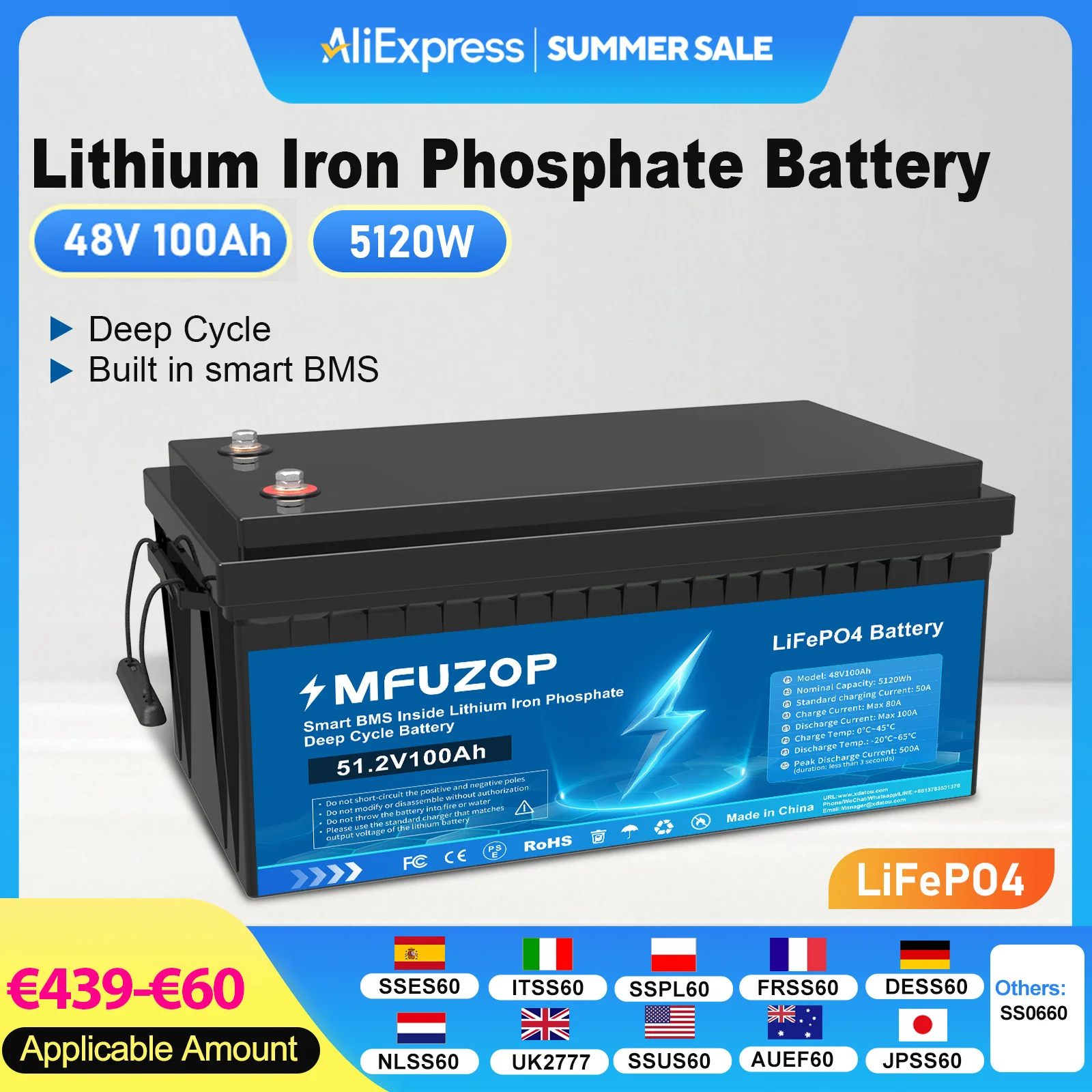 

DATOUBOSS 48V LiFePO4 Battery 100Ah 5120W Lithium Iron Phosphate Battery Built-in BMS For Solar Boat Outdoor NoTax Fast Shipping