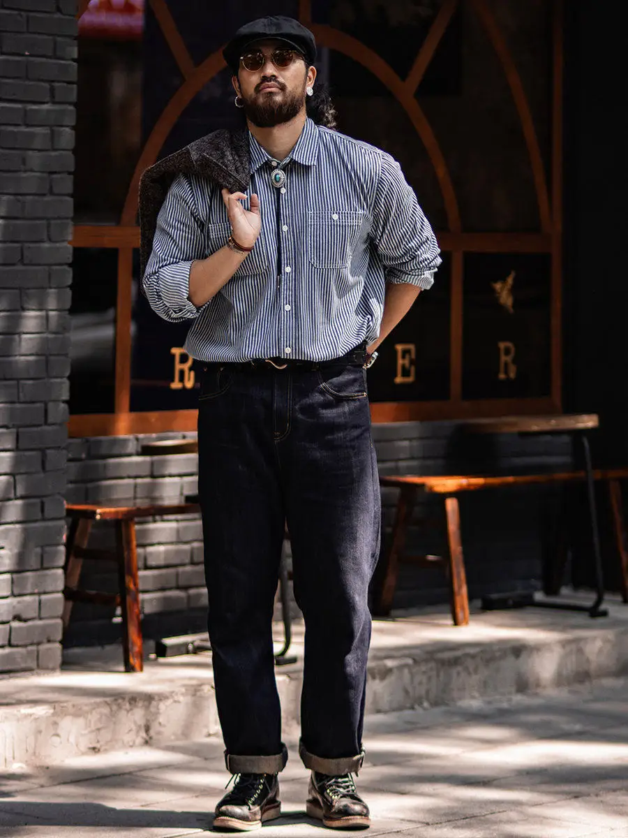 

American Retro Pure Cotton Striped Long Sleeve Shirt Workwear Ameika Kacci Spring Autumn Men's Clothing Classic Style Button ...
