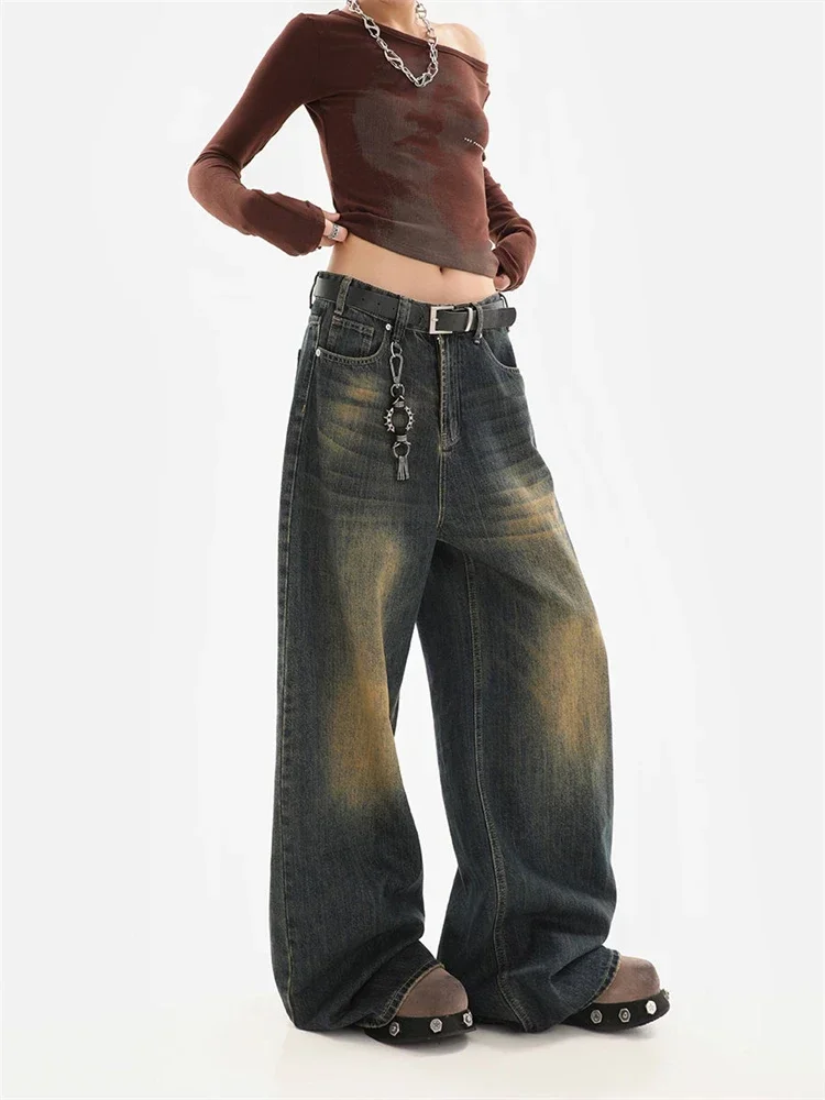 

Women's Retro Street High Waisted Straight Unisex Jeans Street Cool Girl Bottoms Wide Legs Pants Female Baggy Denim Trousers