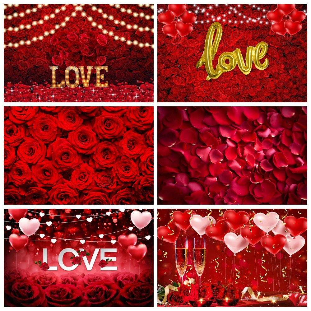 

February 14th Valentine's Day Backdrop Red Rose Flower Wall Balloon Wedding Bridal Baby Shower Party Photography Background Deco