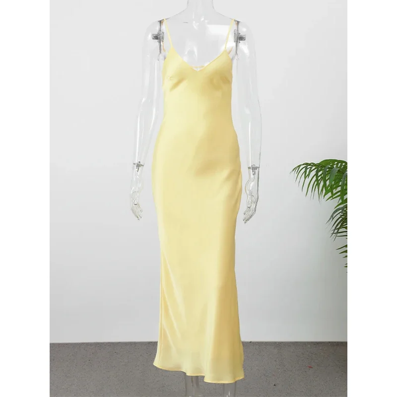 JIN Sexy Lady Solid Color Satin Strap Backless Long Dress Elegant Sleeveless Sling Maxi Dresses New  Woman Evening Party Robe