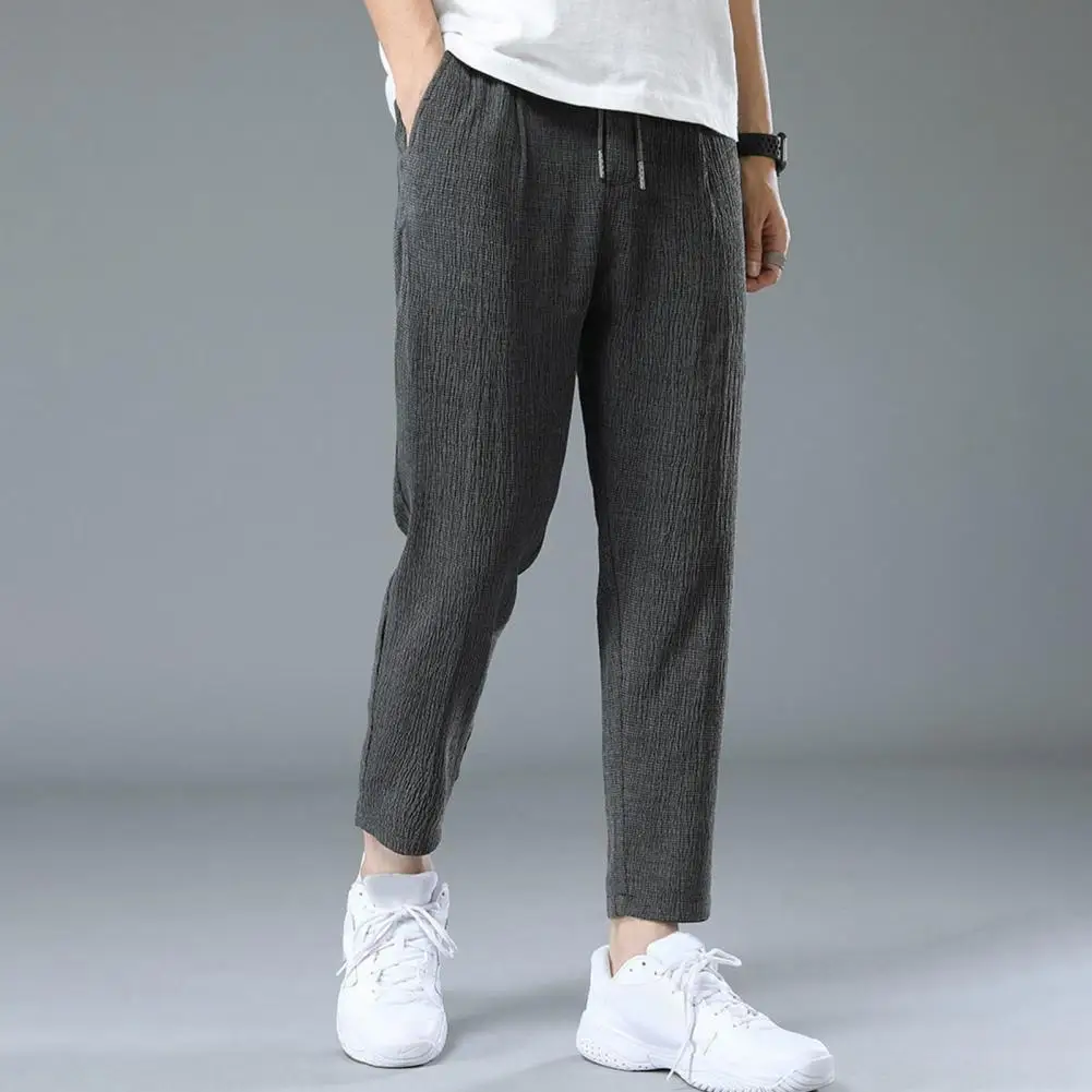 

Ice Silk Pencil Pants Ice Silk Sweatpants with Drawstring Waist Wide Leg Design for Sport Jogging Ninth Pants with Pockets Men