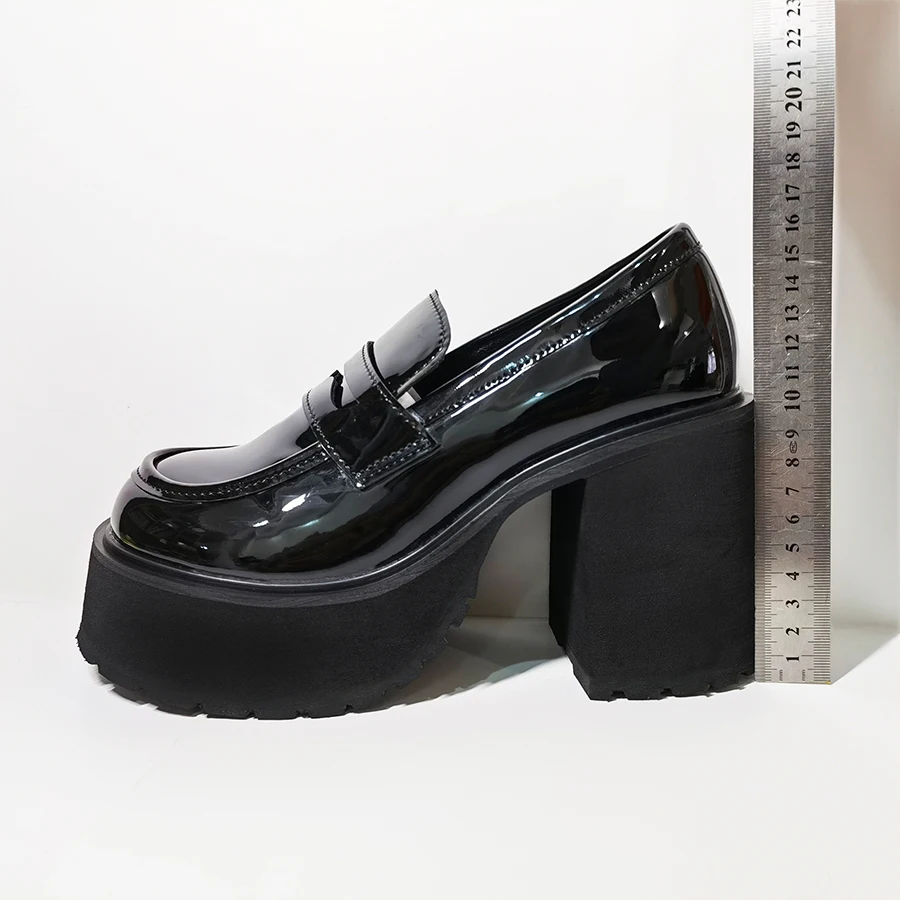 Slip-On Classic Female Loafers Shoes New Thick Heels Black Patent Leather Pumps Retro Girls Platform High-Heeled Shoes for Women