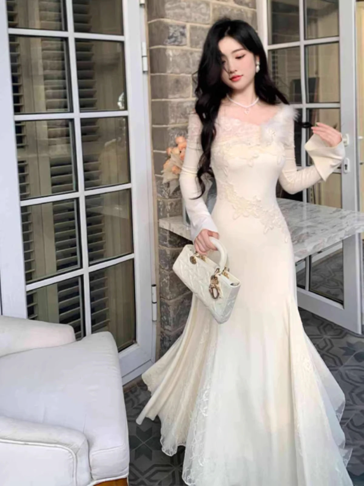 

Rich Girl Ele Lace Splice Fi Tail Dr High Waist Long Dr Sexy Sle Spring Autumn Winter High Quali Women's Dr