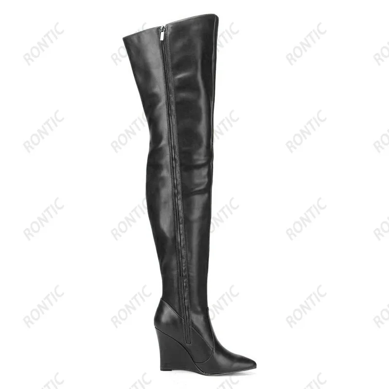 Rontic Handmade Women Winter Thigh Boots Side Zipper Wedges High Heels Pointed Toe Fabulous Brown Night Club Shoes US Size 5-15