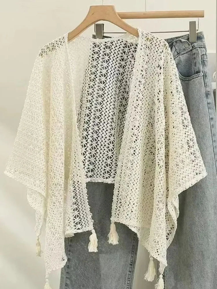 Fashion Vintage Thin Cardigan Solid Color Hollow Out Tassel Irregular Loose Shawl Design Spring Tops All Match Women's Clothing