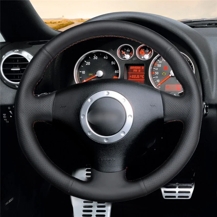 

DIY Hand-Stitched Non-slip Durable Black Artificial Leather Steering Wheel Cover for Audi TT A3 3-Spoke Interior Accessories