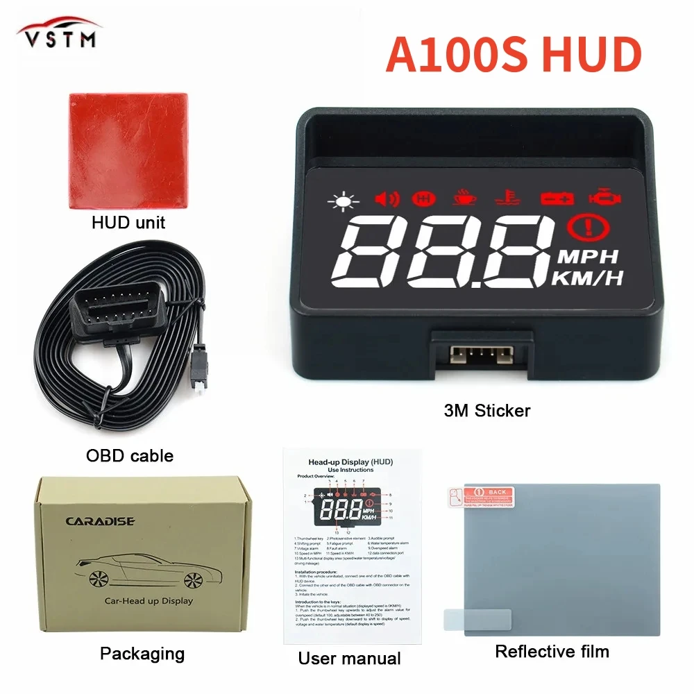 سيارة HUD A100S رصد رئيس يصل عرض OBD2 II نظام التحذير الزائد الجهد إنذار A100S مع عدسة هود الزجاج الأمامي العارض