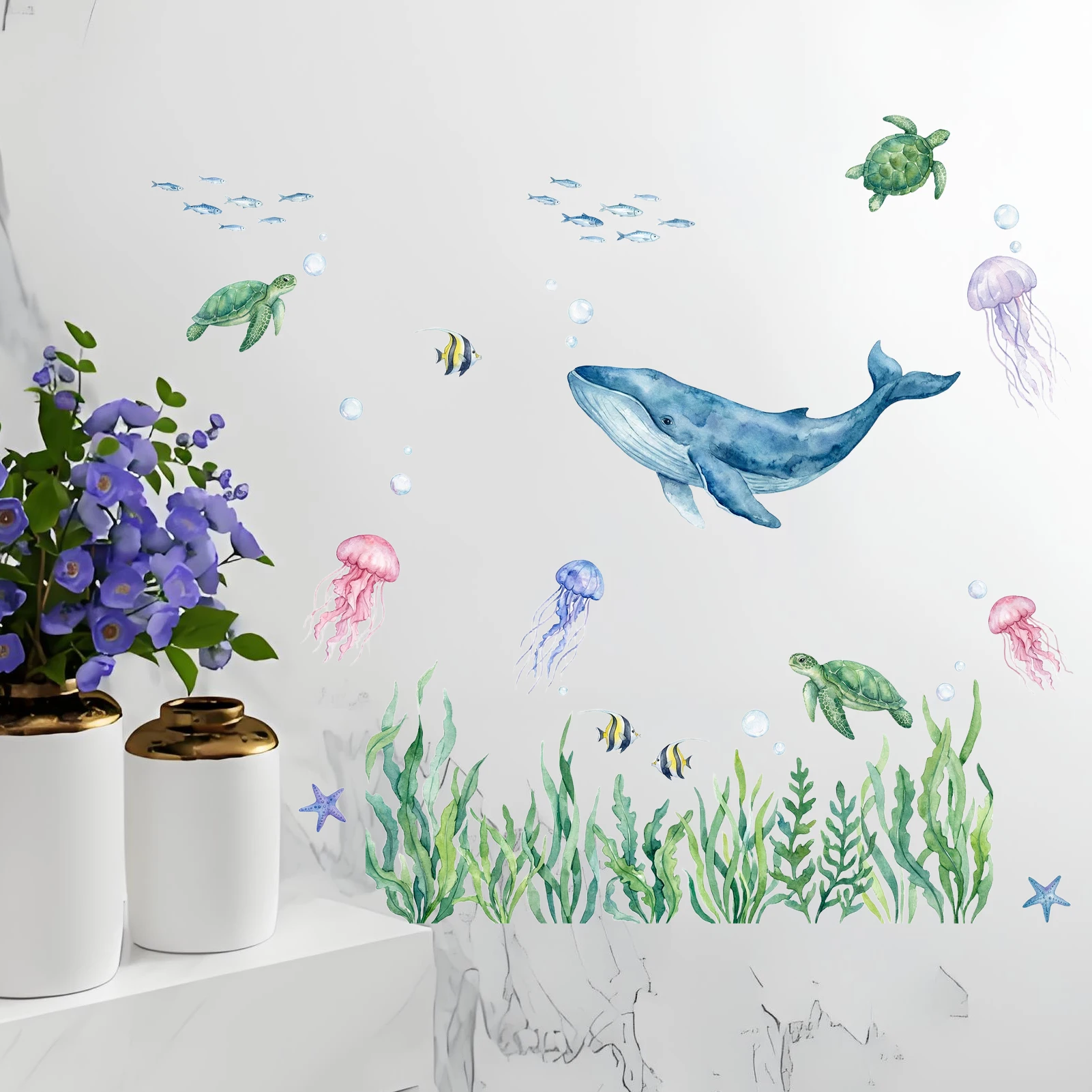 Watercolor Ocean Life Wall Decal, Underwater Whale, Turtles, Jellyfish & Seaweed Vinyl Wall Sticker for Home Decor