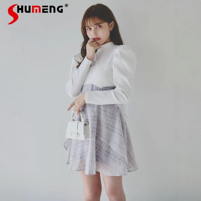 

Japanese Sweet Fake Two-piece Short Dress Spring New Women's Bow Lace-up Slim-Fit Long-sleeved Dress Women's High-waisted Dress