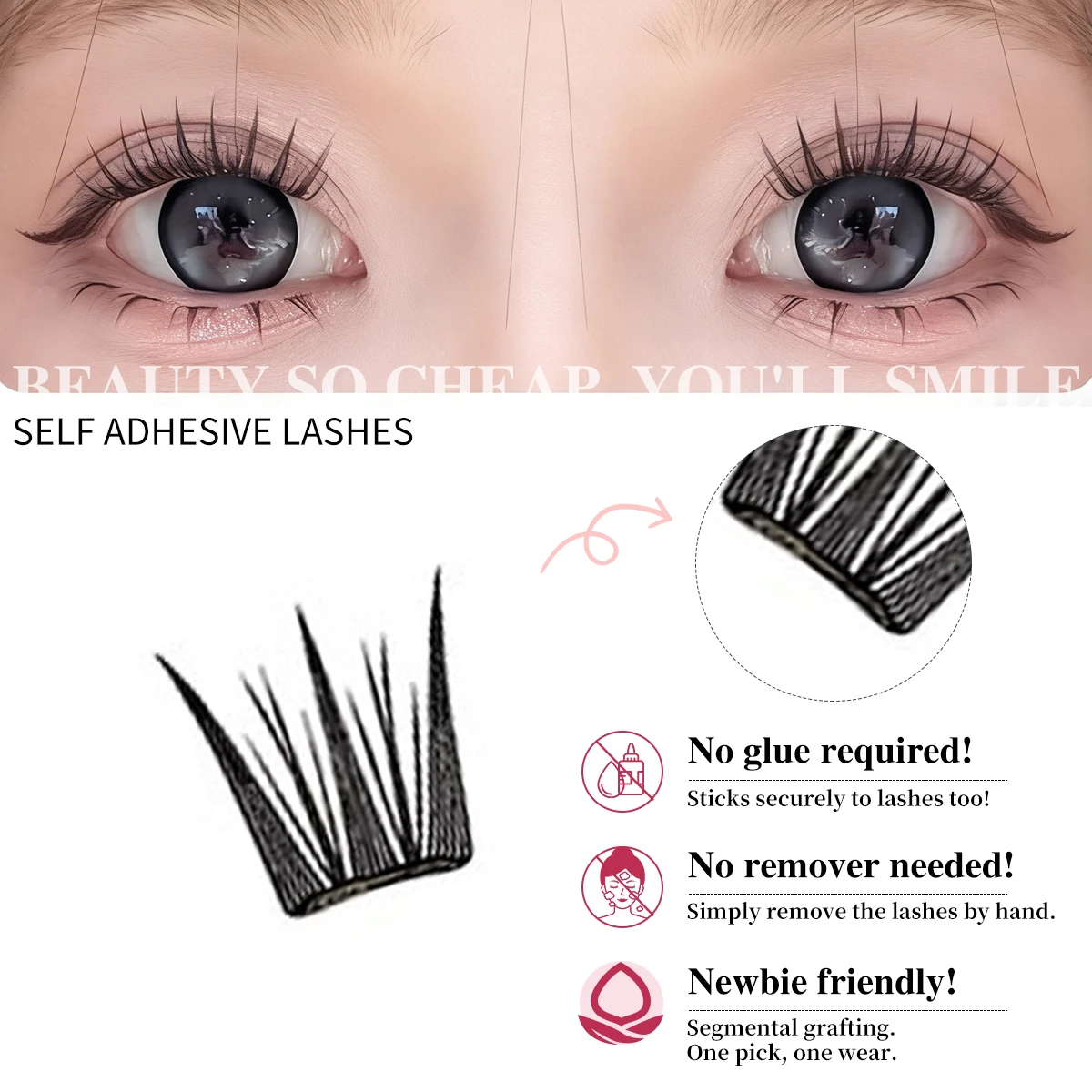 Ciglia finte visone traspiranti senza colla a 8 file Ciglia segmentate ultra sottili Legame liquido da indossare tutto il giorno per ragazze