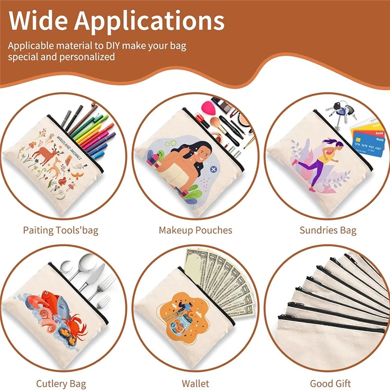 A006-50Pcs Sublimation Blank Canvas Makeup Bags, Bulk Blank DIY Heat Transfer Cosmetic Makeup Bags For Bridesmaid Makeup Bag