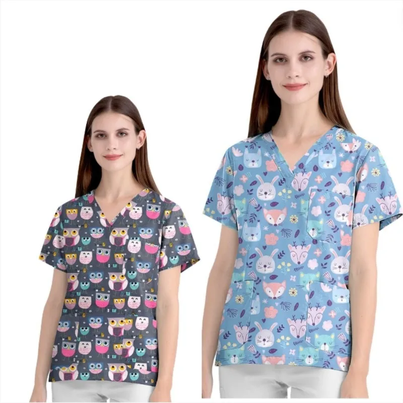 

Medical Work Uniform Unisex V-Neck Scrubs Tops Doctor Print surgical Tops T-shirt Blouse Clinic hospital Nursing Accessories