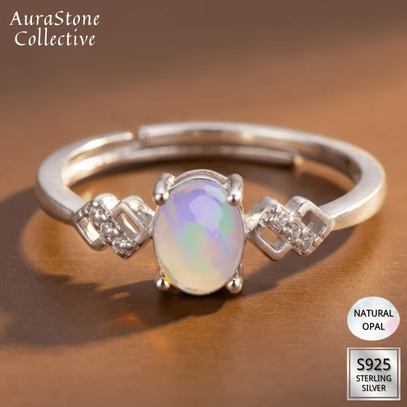 1pce 4×6mm Natural Opal Ring S925 Sterling Silver Ring | Opal Glow | Mystic Whimsy | Black Friday, Thanksgiving, Halloween Gifts