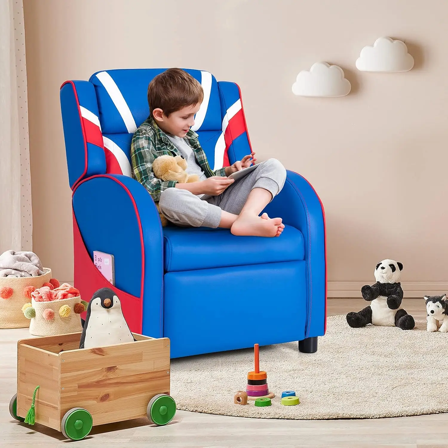 Sofa recliner หนังสำหรับเด็ก, เก้าอี้โซฟาหนังพร้อมที่วางเท้า, พนักพิงศีรษะ, เก้าอี้เอนกายเล่นเกมสำหรับห้องนั่งเล่นเนอร์