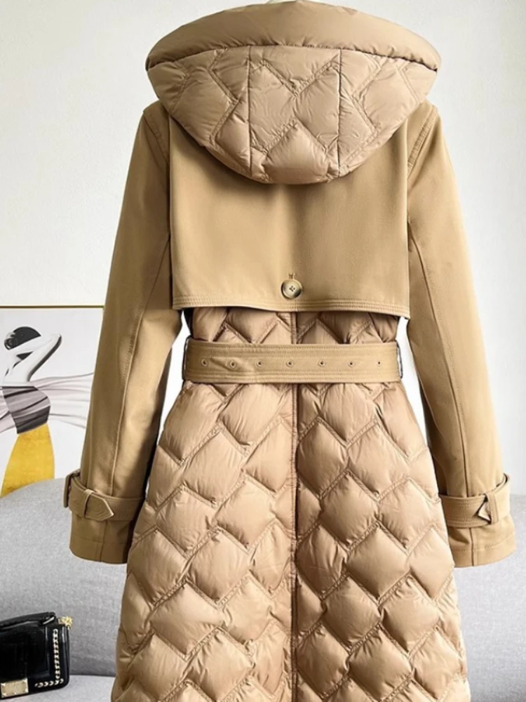 المرأة طويلة شتاء دافئ الطبيعية أوزة ريشة أسفل سترة فاخرة معطف فضفاض مقنعين ملابس خارجية الشارع الشهير موضة جديدة #3