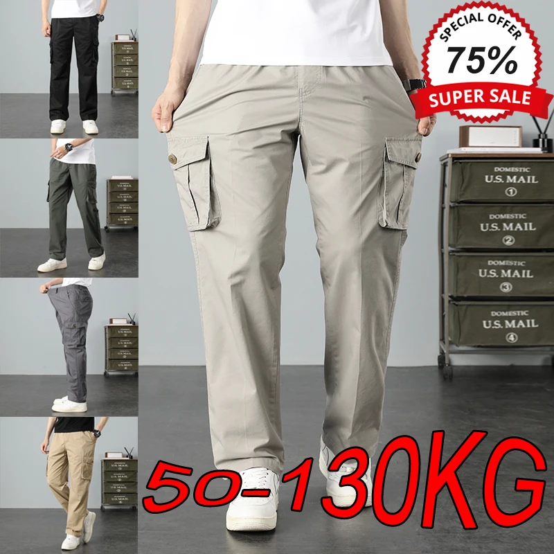 

Мужские брюки-карго размера плюс M-6XL, хлопковые брюки, деловые повседневные свободные летние тонкие большие однотонные черные, серые рабочие брюки